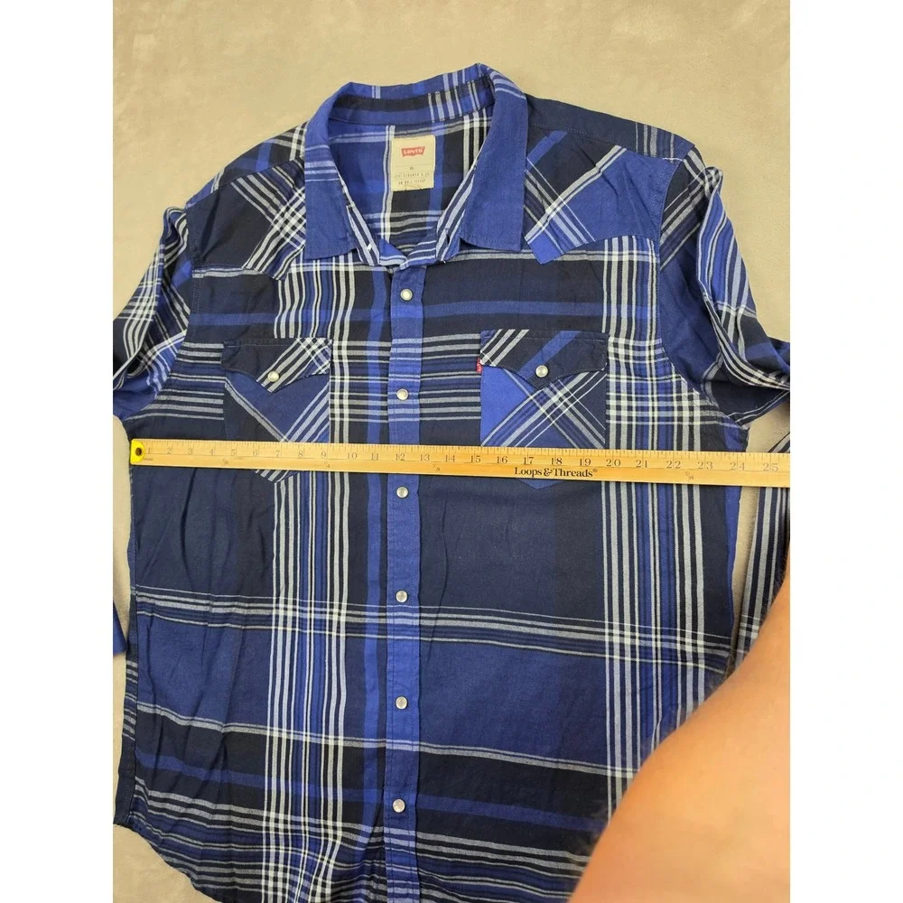 Levi's Flannel Western Shirt Mens XXL Blue Plaid Pearl Snap Long Sleeve